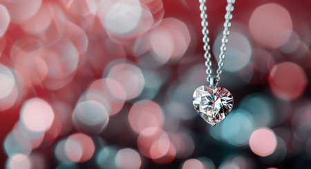 A heart-shaped diamond necklace hangs gracefully, sparkling under soft bokeh lights in shades of blue and pink, highlighting its elegant design and craftsmanship.の素材