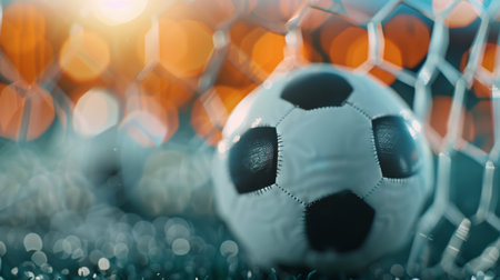 A soccer ball rests against the net of the goal, illuminated by soft evening lights. The vibrant atmosphere captures the excitement of a game, focusing on the balls classic black and white pattern.の素材