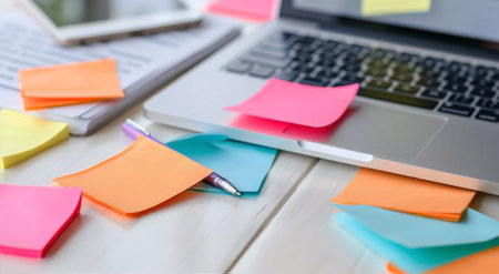 Bright sticky notes in various colors scattered on a wooden desk alongside a laptop and pens, creating an organized yet vibrant workspace perfect for brainstorming or planning activities.の素材