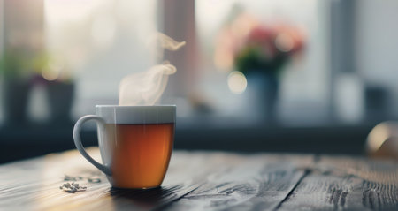 A clear glass cup filled with fragrant tea sits on a saucer. In the background, soft pink flowers are placed beside a window, with a beautiful sunset glowing in the distance, creating a serene atmosphere.の素材