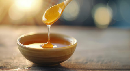 A spoon captures golden honey, slowly dripping into a small bowl, illuminated by warm morning sunlight, creating an inviting atmosphere in a kitchen setting.の素材