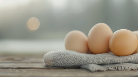 Several fresh white eggs are neatly arranged on a rustic wooden surface, illuminated by soft natural light, highlighting their smooth texture and subtle imperfections.の素材