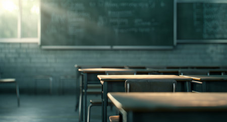 Sunlight streams through the window, illuminating empty desks in a quiet classroom with green chalkboards, creating a serene atmosphere for learning.の素材