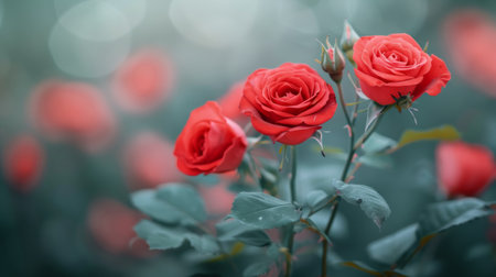 Clusters of bright red roses open their petals in a lush garden as the morning light casts a warm glow, creating a stunning display of nature's beauty.の素材