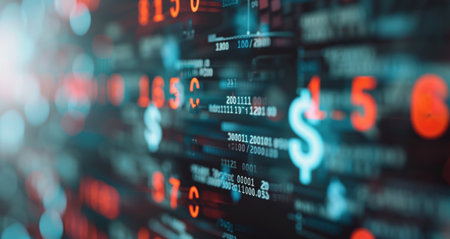 Colorful digital graphics display financial market data, including fluctuating stock prices and trading volume. The vibrant background enhances the representation of real-time analytics and data interpretation.の素材