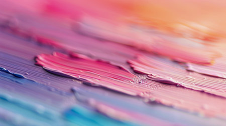 Vibrant hues of pink, orange, and purple blend together, forming a rich, textured surface on canvas, showing the artist's brushwork and layering technique.の素材