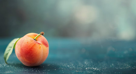 A luscious, ripe peach rests on a dark surface, showing its smooth texture and vibrant colors. A fresh green leaf adds a touch of natural beauty, highlighting the fruit's freshness and appeal.の素材