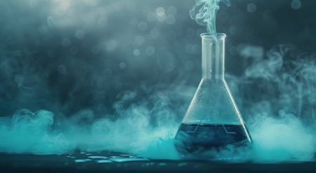 A laboratory flask filled with vibrant blue liquid emits wisps of smoke against a dark backdrop. A triangle symbol is visible inside the flask, adding an element of intrigue to the scientific setting.の素材