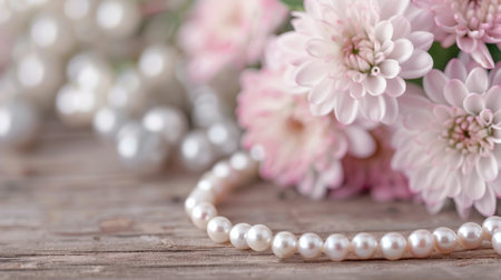 A delicate pearl necklace is gracefully laid out among red berries and soft foliage on a rustic wooden table, creating a warm and inviting atmosphere.の素材