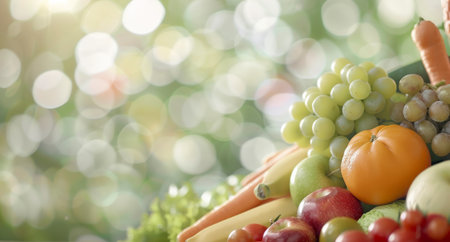 A colorful assortment of fresh fruits and vegetables is arranged artistically, showing vibrant apples, grapes, carrots, and leafy greens, all set against a softly blurred background adorned with twinkling lights.の素材