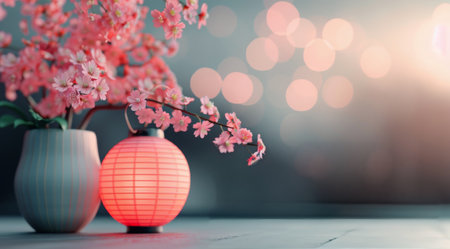 Two elegant white vases, one large and one small, display branches adorned with striking red berries, set against a warm red background that adds a vibrant touch to the decor.の素材