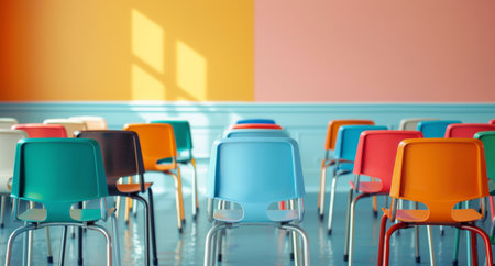 A bright and inviting classroom features colorful chairs neatly arranged, illuminated by morning sunlight streaming through a window, highlighting vibrant wall colors.の素材