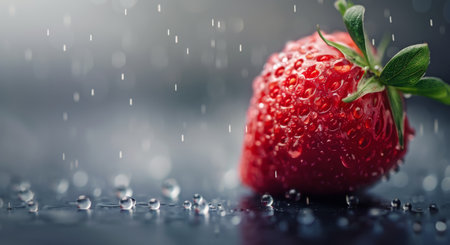 A vibrant strawberry rests on a dark surface, glistening with water droplets, highlighting its freshness. The background is blurred with soft water reflections, enhancing the fruit's appeal.の素材