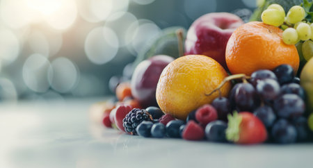 A vibrant collection of fresh fruits including apples, grapes, oranges, and berries arranged on a table, illuminated by a soft, warm background light that creates an inviting atmosphere.の素材