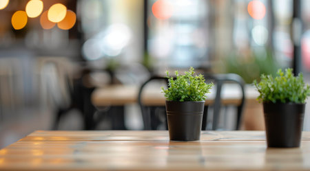 A small potted plant sits on a wooden table in a cozy cafe, illuminated by soft lighting in the background. The atmosphere is inviting, perfect for relaxing or meeting friends.の素材