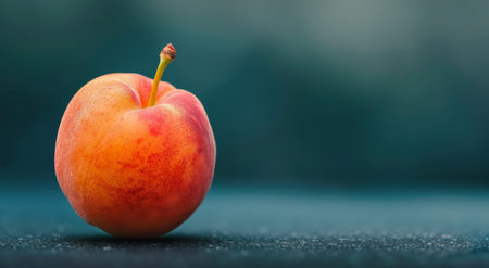 A luscious, ripe peach rests on a dark surface, showing its smooth texture and vibrant colors. A fresh green leaf adds a touch of natural beauty, highlighting the fruit's freshness and appeal.の素材