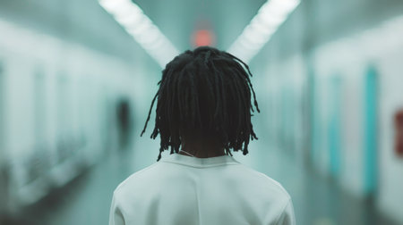 A young man with dreadlocks shows deep contemplation while standing in a softly illuminated hallway, surrounded by cool tones and geometric lines that enhance the urban atmosphere.の素材