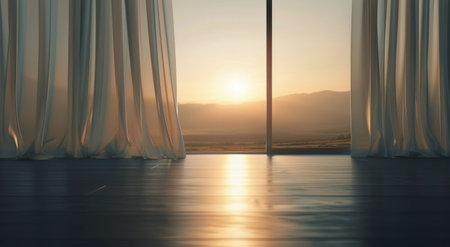 Gentle morning light illuminates the room as soft curtains billow slightly, revealing a breathtaking view of misty mountains and a tranquil landscape bathed in golden hues.の素材