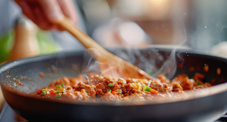 A person stirs a flavorful meat and vegetable mixture in a hot pan, releasing steam. Vibrant ingredients like tomatoes and peppers can be seen, highlighting a delicious cooking process.の素材