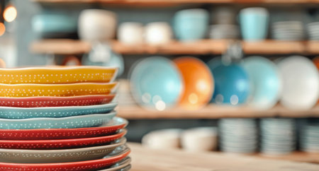 A vibrant collection of ceramic bowls and plates in various colors is neatly arranged on a wooden shelf in a cheerful kitchen, showing a mix of textures and designs that brighten the space.の素材