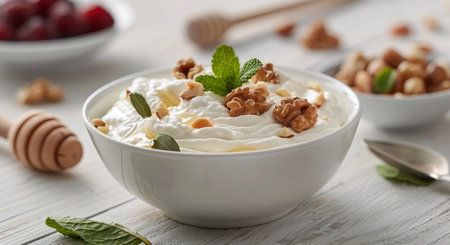 Delicious yogurt topped with crunchy almonds and a drizzle of honey adds a nutritious touch to breakfast. The rustic bowls arranged on a textured surface create an inviting and homely atmosphere.の素材