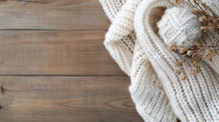A soft knit sweater in a creamy color rests on a rustic wooden surface alongside several pinecones, illuminated by gentle natural light, creating a warm and inviting atmosphere.の素材