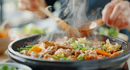 A cook skillfully stir-fries an array of vibrant vegetables and chicken in a sizzling wok at a bustling food stall, surrounded by bowls of fresh ingredients, creating a flavorful dish.の素材