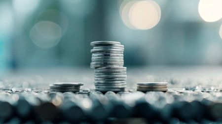 A neat stack of coins rests on a dim, wet surface, surrounded by scattered coins. Raindrops glisten in the soft light, creating a blurred backdrop that enhances the focus on the money.の素材