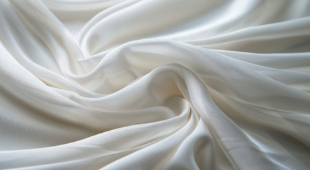 Delicate white fabric is laid out, showing gentle folds and waves. The smooth texture adds a sense of elegance and serenity, catching the light and creating a subtle play of shadows.の素材