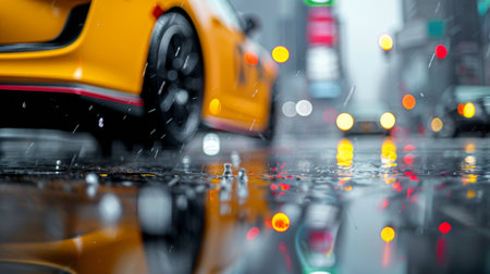 A bright yellow sports car is parked on a rain-soaked street, showcasing its sleek design while reflecting colorful city lights in the puddles around it during a rainy evening.の素材