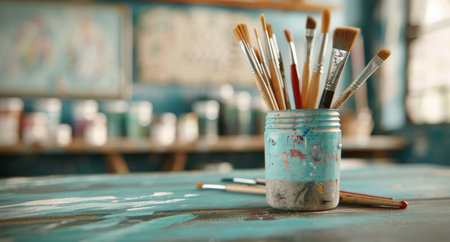 A jar filled with various paintbrushes sits atop a vibrant, paint-splattered table in an art studio. The background features shelves lined with paint containers, showing an artistic and creative atmosphere.の素材