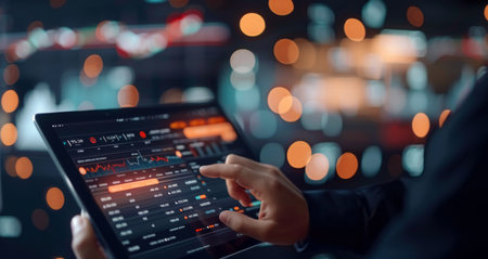 A business professional uses a tablet to analyze stock market data. The background features brightly lit displays, creating a dynamic and focused atmosphere for financial analysis during the night.の素材
