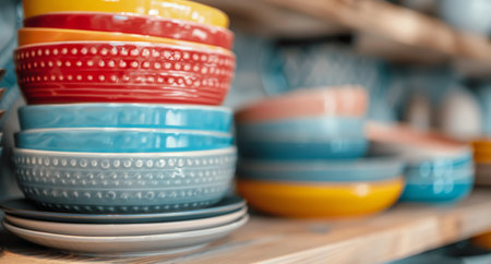 A vibrant collection of ceramic bowls and plates in various colors is neatly arranged on a wooden shelf in a cheerful kitchen, showing a mix of textures and designs that brighten the space.の素材