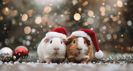 Two cute guinea pigs wear festive Santa hats while resting on a sparkly surface, with shimmering lights in the background creating a joyful, holiday atmosphere.の素材