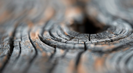 The intricate texture of weathered wood is highlighted, showcasing a prominent knot with rough edges. Natural light accentuates the deep grooves and varied shades, revealing the beauty of aged timber.の素材