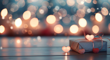 A beautifully wrapped gift box adorned with heart-shaped accents rests on a wooden surface, surrounded by a soft glow of twinkling lights. The scene evokes a sense of warmth and celebration, perfect for special occasions.の素材