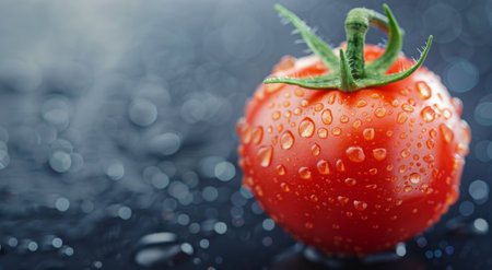 Juicy red tomatoes glisten with water droplets, enhanced by a blurred background of additional tomatoes. The droplets add a fresh and vibrant appearance, highlighting their freshness and ripeness.の素材