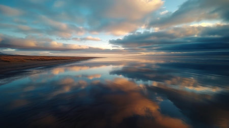 A breathtaking sunset paints the sky with vibrant hues while the still water mirrors the colorful clouds. This tranquil scene captures the peacefulness of dusk as the sun descends near the horizon.の素材