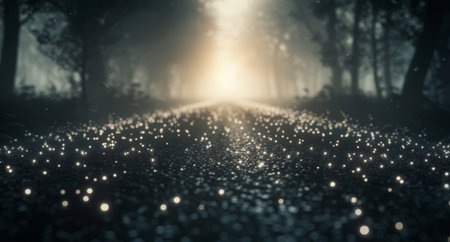 A tranquil, misty forest pathway is visible, dotted with shimmering glowing orbs, as the early morning light breaks through the trees, creating a magical atmosphere.の素材