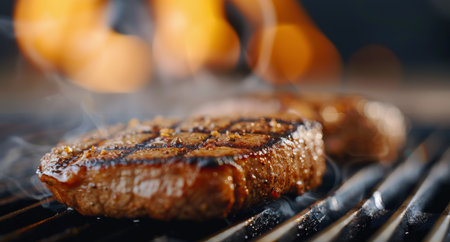 A perfectly grilled steak sits on a dark plate, with wisps of smoke rising into the warm atmosphere of a cozy restaurant. Amber lights glow softly in the background, enhancing the inviting ambiance.の素材