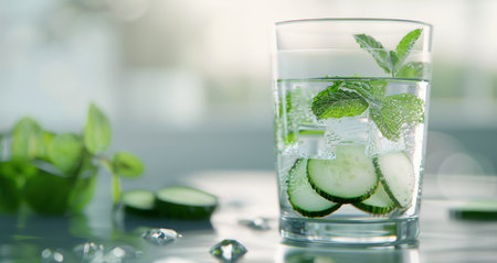 A glass filled with chilled water, fresh cucumber slices, and mint leaves sits on a glaming surface. Ice cubes float within, creating a refreshing drink perfect for warm weather.の素材
