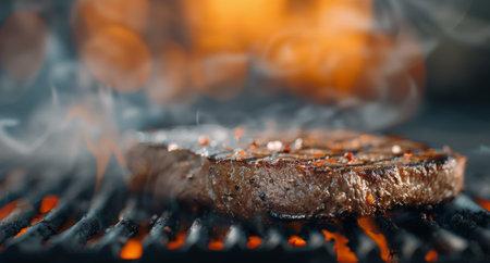 A perfectly seared steak sizzles on a charcoal grill, releasing flavorful smoke against a warm evening backdrop. The focus highlights the meats rich texture and grill marks.の素材