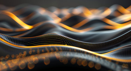 Curved lines ripple across a smooth surface, showcasing a blend of warm metallic hues that create a dynamic visual experience. The waves flow gracefully, highlighting texture and reflective qualities.の素材