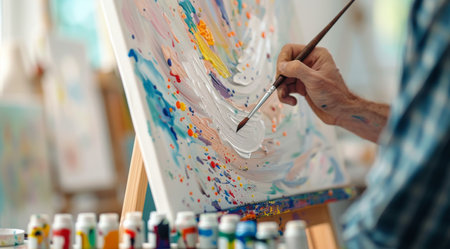 An artist stands focused, painting colorful abstract landscapes on three canvases, surrounded by tubes of paint and a bright studio filled with natural light during the day.の素材