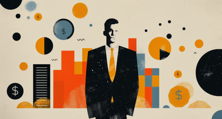 A solitary figure stands against a backdrop of a city skyline, surrounded by vibrant abstract circles in hues of orange and red, capturing a blend of urban life and artistic expression at dusk.の素材