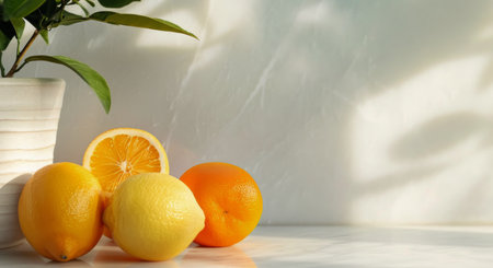A collection of vibrant oranges and lemons rests next to a white vase with green leaves, set against a light-colored backdrop and marble countertop, showcasing a fresh and inviting arrangement.の素材