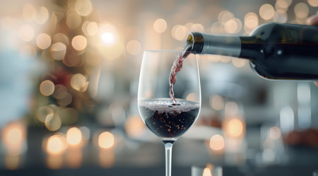A sommelier pours rich red wine into elegant glasses while a bottle rests nearby, creating an inviting ambiance with soft bokeh lights in the background, perfect for a social gathering or celebration.の素材