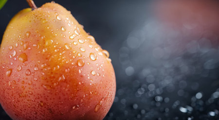 A ripe pear covered in water droplets rests on a reflective surface while rain falls, creating a vibrant backdrop of colorful bokeh lights in the distance.の素材