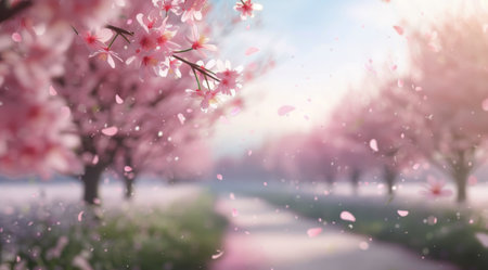 A picturesque pathway lined with blooming cherry blossom trees, adorned with soft pink petals drifting through the air, creating a serene atmosphere in early spring.の素材