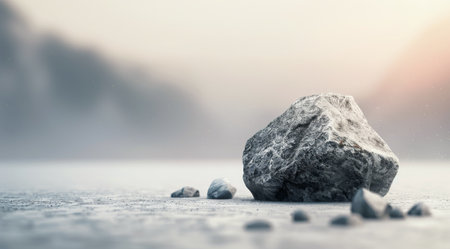 Large and small stones are artistically placed against a soft background, accompanied by delicate twigs with tiny buds. The serene environment is enhanced by gentle, diffused lighting, creating a tranquil atmosphere.の素材